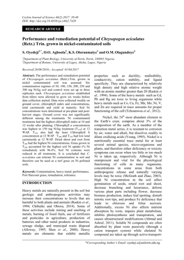 Performance and Remediation Potential of Chrysopogon Aciculatus (Retz.) Trin