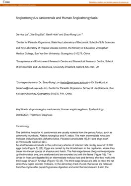 Angiostrongylus Cantonensis and Human Angiostrongyliasis