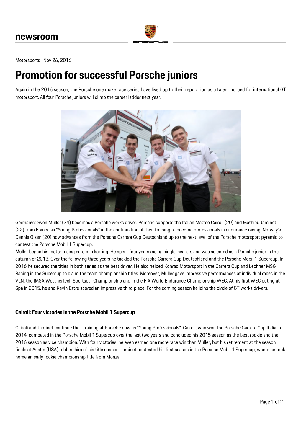 Promotion for Successful Porsche Juniors