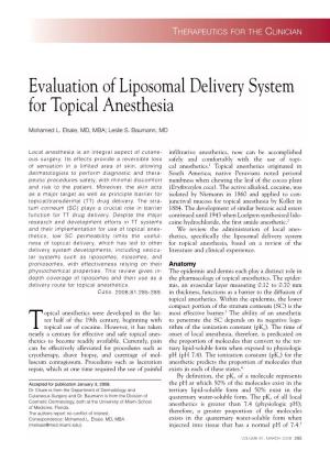 Evaluation of Liposomal Delivery System for Topical Anesthesia