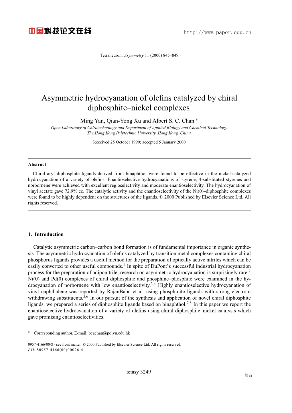 Asymmetric Hydrocyanation of Olefins Catalyzed by Chiral Diphosphite