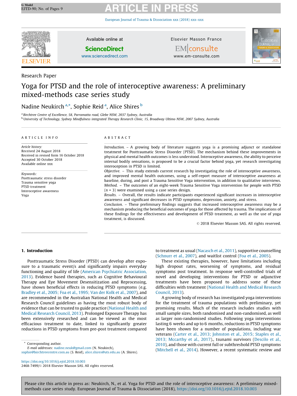 Yoga for PTSD and the Role of Interoceptive Awareness: a Preliminary