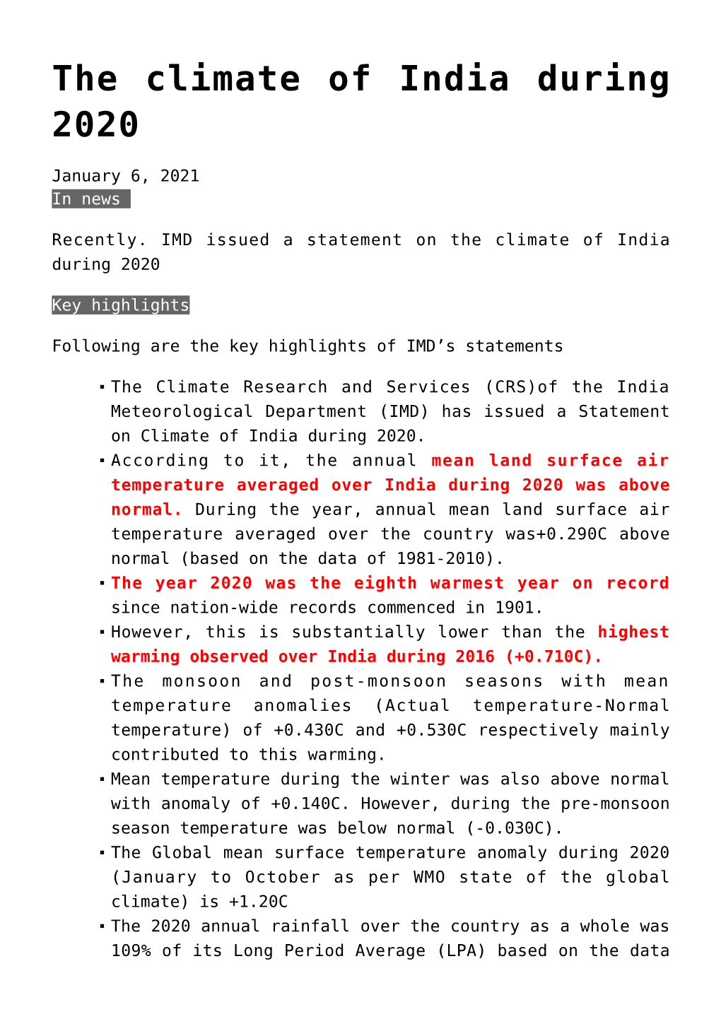 The Climate of India During 2020