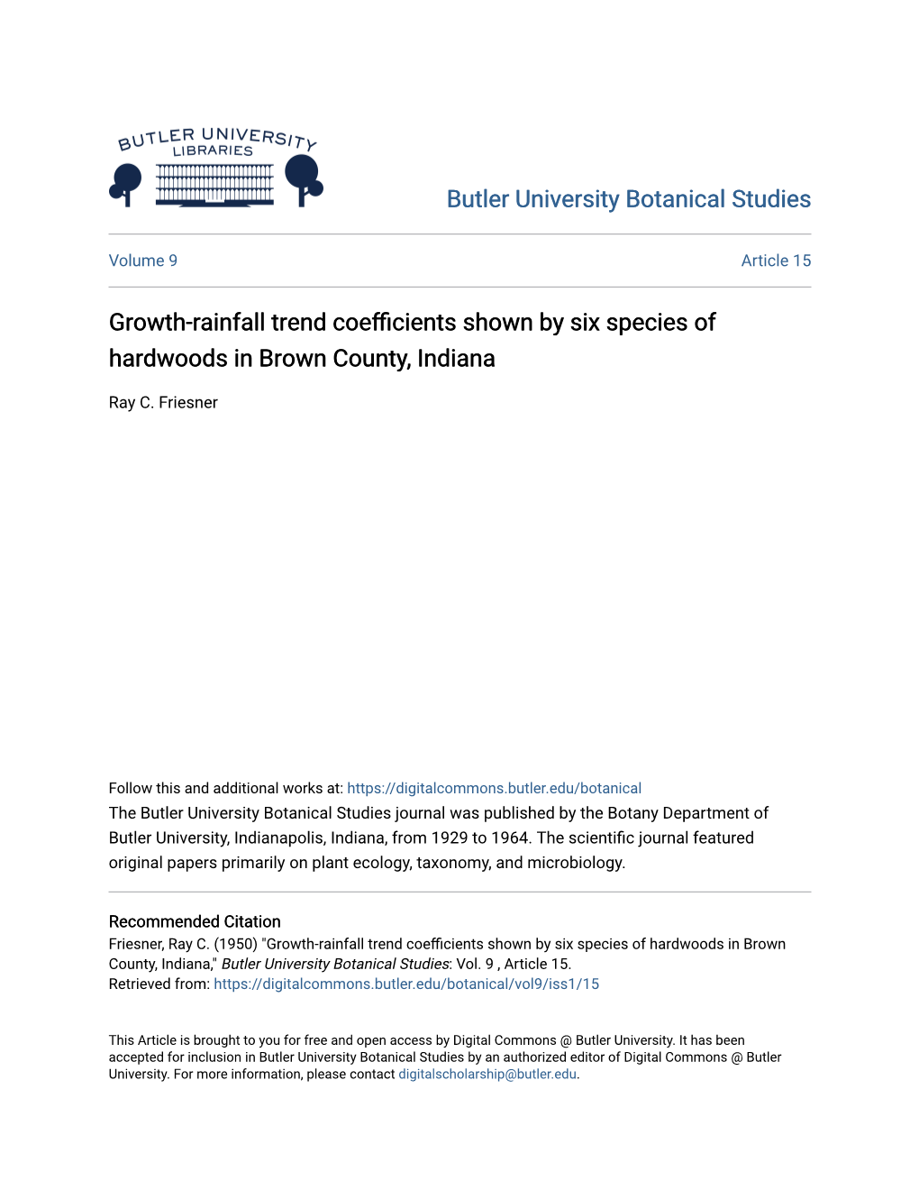 Growth-Rainfall Trend Coefficients Shown by Six Species of Hardwoods in Brown County, Indiana