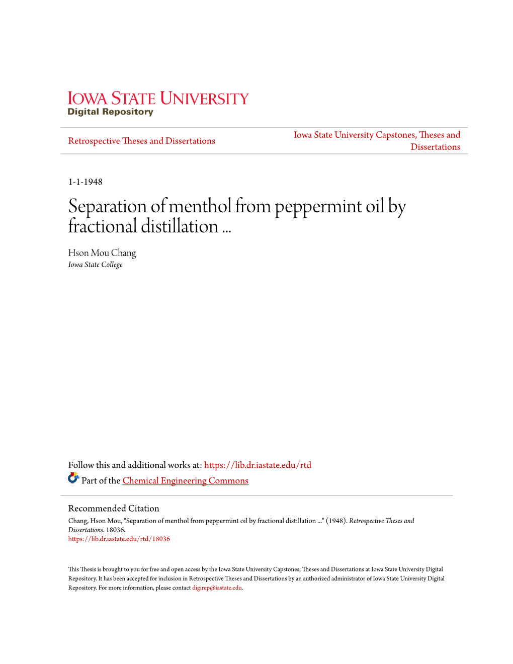 Separation of Menthol from Peppermint Oil by Fractional Distillation