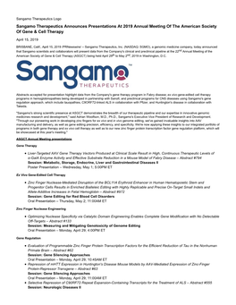 Sangamo Therapeutics Announces Presentations at 2019 Annual Meeting of the American Society of Gene & Cell Therapy