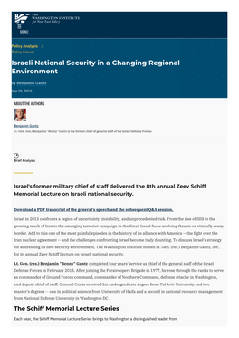 Israeli National Security in a Changing Regional Environment by Benjamin Gantz