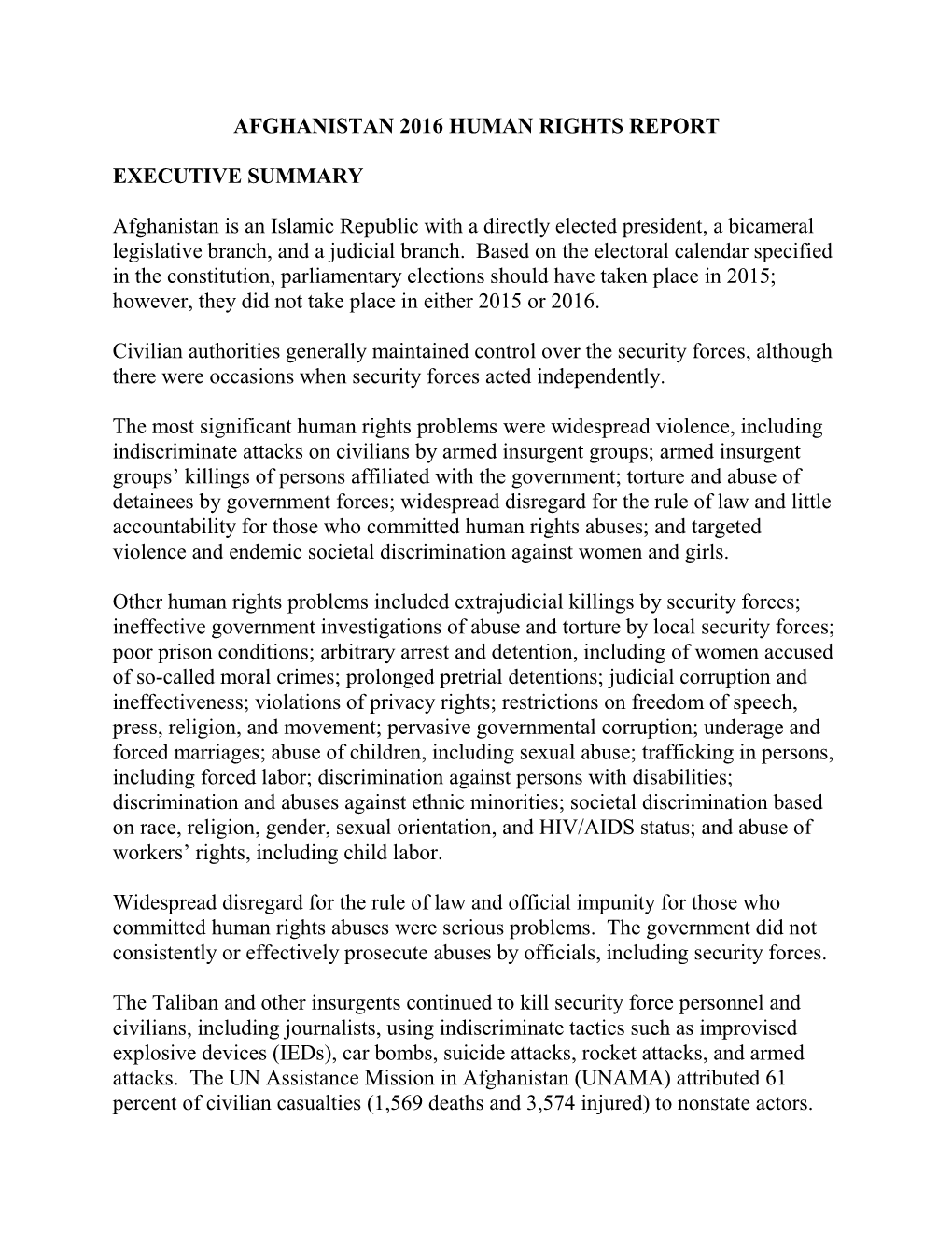 Afghanistan 2016 Human Rights Report