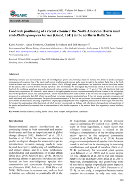 Food Web Positioning of a Recent Coloniser: the North American Harris Mud Crab Rhithropanopeus Harrisii (Gould, 1841) in the Northern Baltic Sea