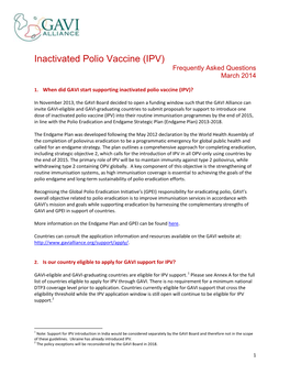 Inactivated Polio Vaccine (IPV) Frequently Asked Questions March 2014