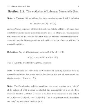 Section 2.3. the Σ-Algebra of Lebesgue Measurable Sets