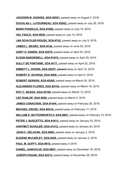 JACKSON B. HUGHES, SOA #2551, Passed Away on August 3. 2019