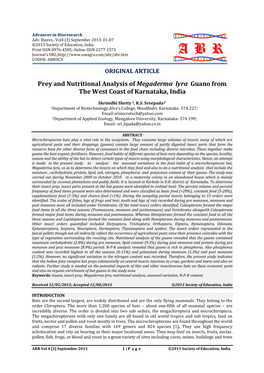 Prey and Nutritional Analysis of Megaderma Lyra Guano from the West Coast of Karnataka, India