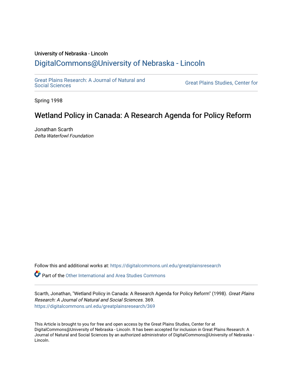 Wetland Policy in Canada: a Research Agenda for Policy Reform