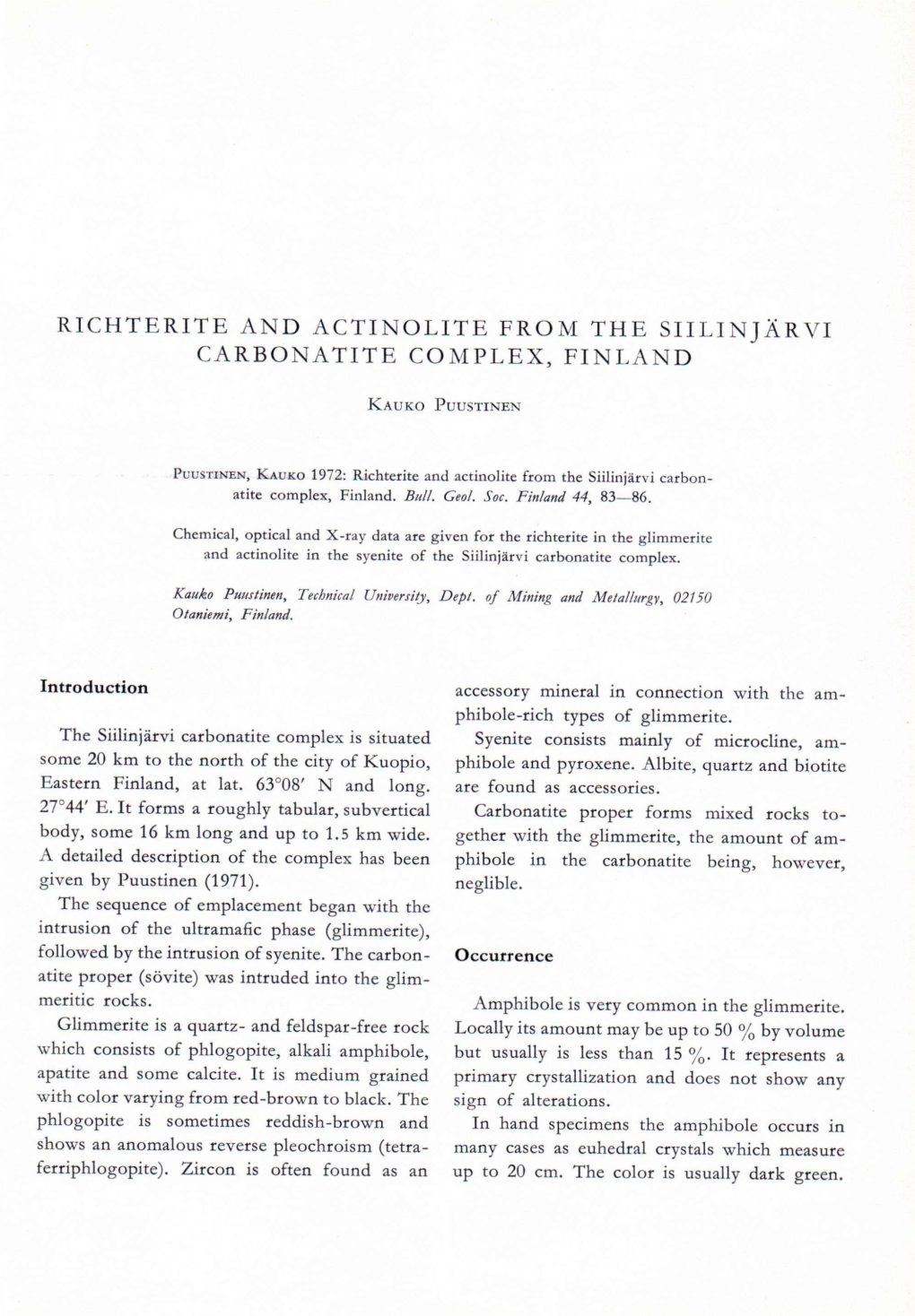 Richterite and Actinolite from the Siilinjärvi Carbonatite Complex, Finland