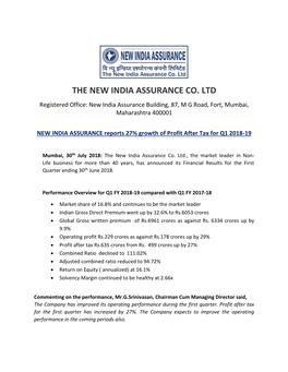 THE NEW INDIA ASSURANCE CO. LTD Registered Office: New India Assurance Building, 87, M G Road, Fort, Mumbai, Maharashtra 400001