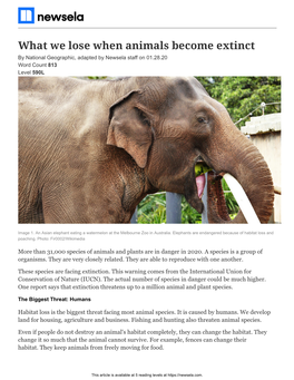 What We Lose When Animals Become Extinct by National Geographic, Adapted by Newsela Staff on 01.28.20 Word Count 813 Level 590L