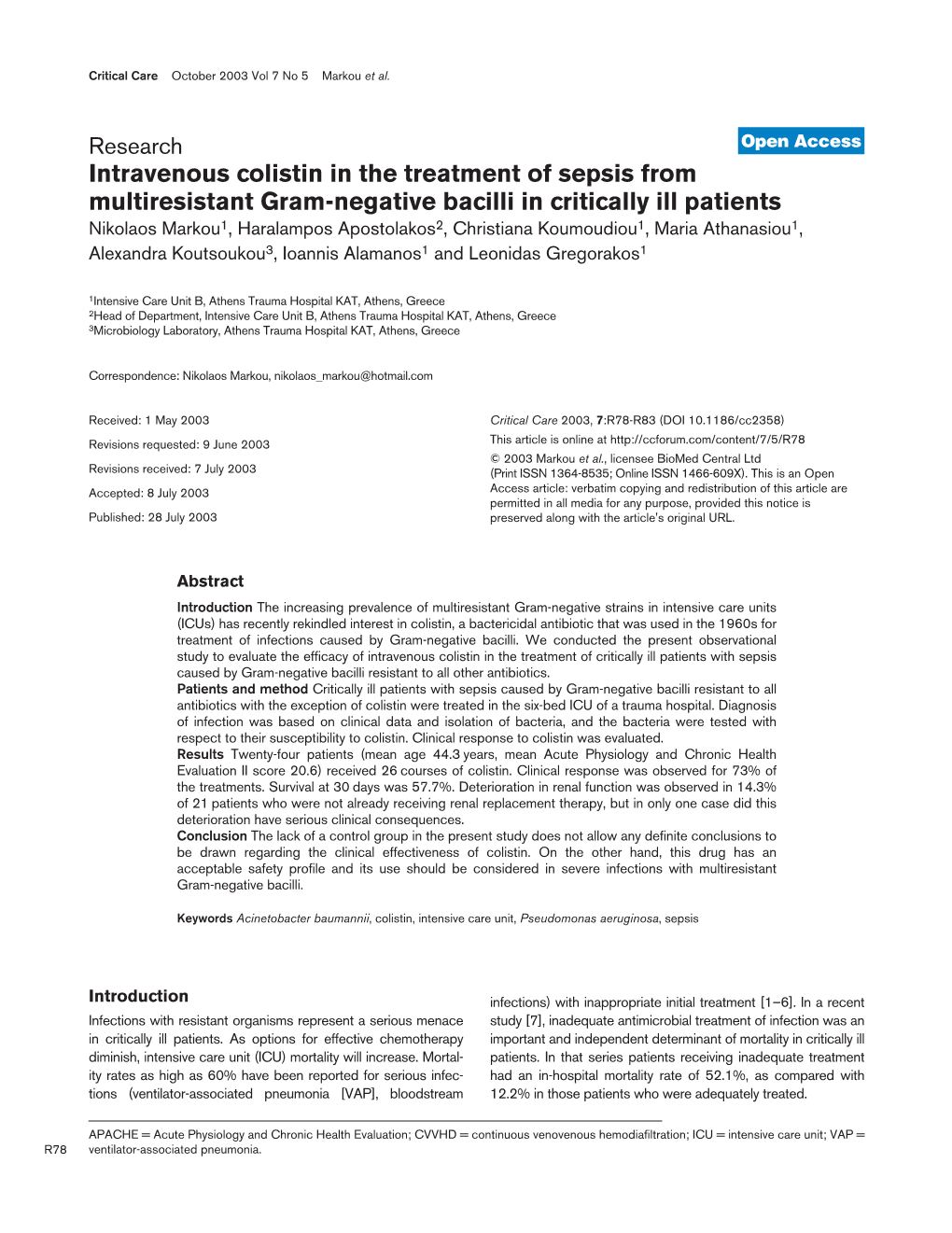 Intravenous Colistin in the Treatment of Sepsis from Multiresistant Gram