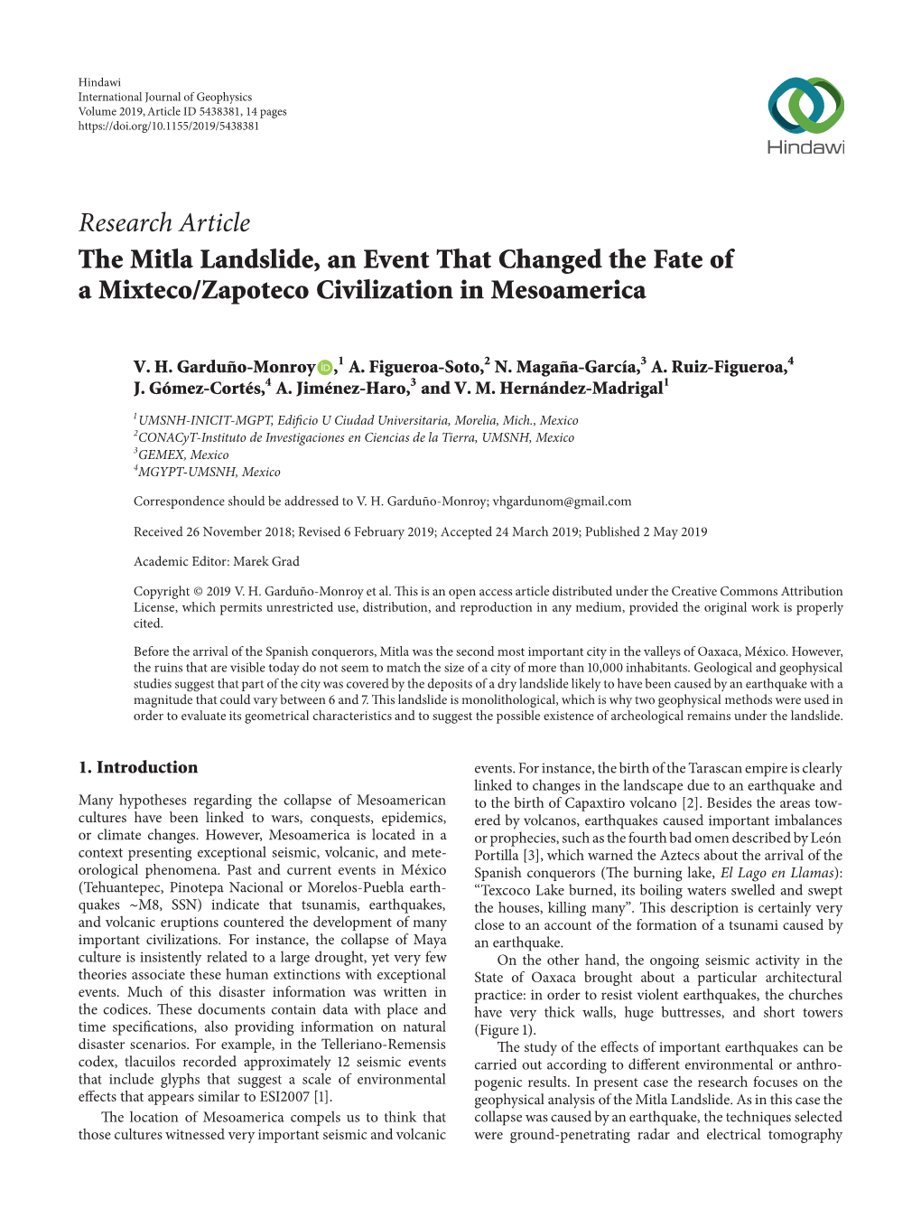 Research Article the Mitla Landslide, an Event That Changed the Fate of a Mixteco/Zapoteco Civilization in Mesoamerica