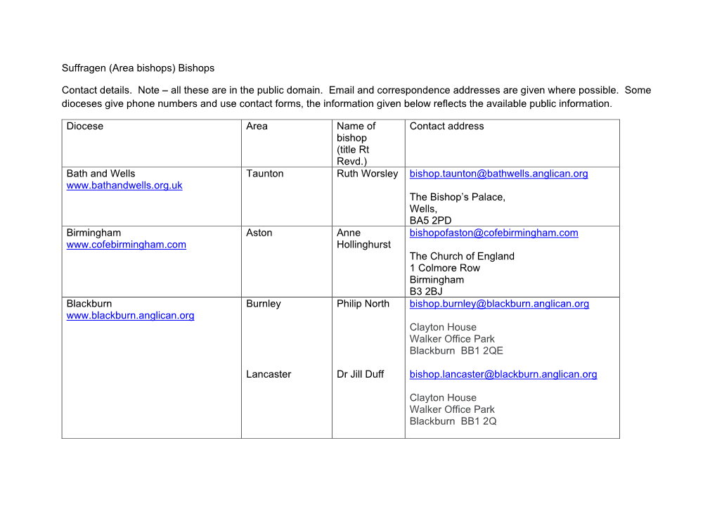 Suffragen (Area Bishops) Bishops Contact Details. Note