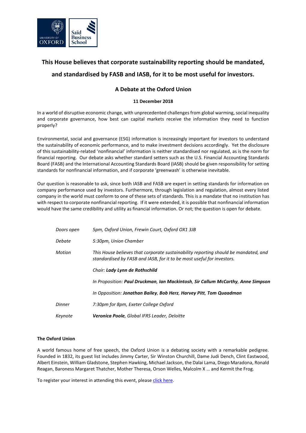 This House Believes That Corporate Sustainability Reporting Should Be Mandated, and Standardised by FASB and IASB, for It to Be Most Useful for Investors