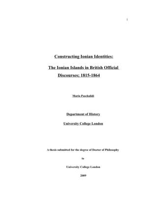 The Ionian Islands in British Official Discourses; 1815-1864