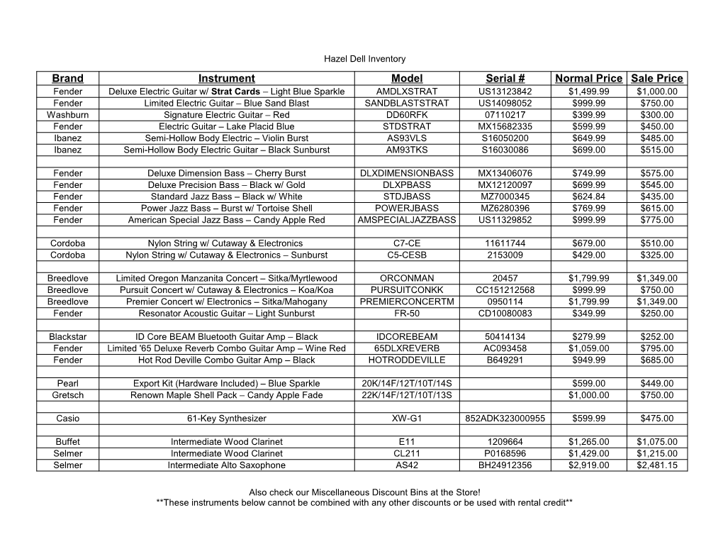 Brand Instrument Model Serial # Normal Price Sale Price