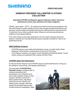 Shimano Fall/Winter Apparel Press Release