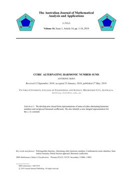 CUBIC ALTERNATING HARMONIC NUMBER SUMS ANTHONY SOFO Received 12 September, 2018; Accepted 23 January, 2019; Published 27 May, 2019