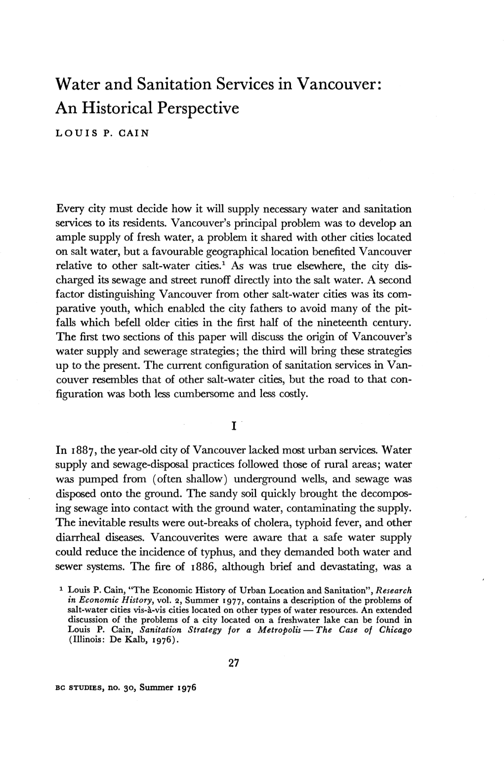 Water and Sanitation Services in Vancouver: an Historical Perspective