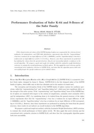Performance Evaluation of Safer K-64 and S-Boxes of the Safer Family