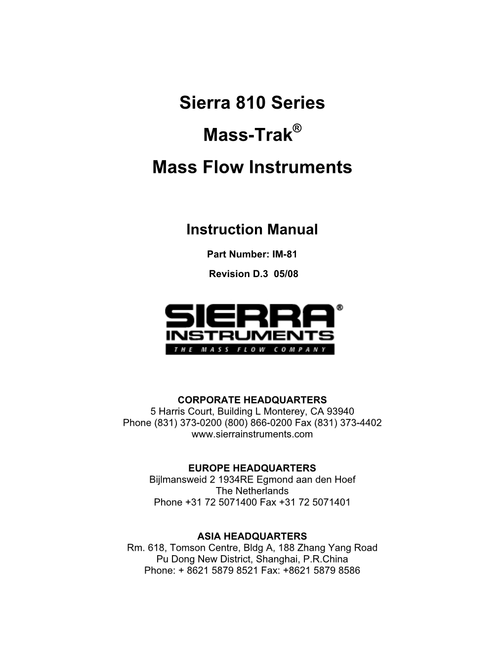 Sierra 810 Series Mass-Trak Mass Flow Instruments