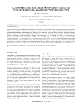 Random Measurement Error and Specimen Shrinkage in Short-Tailed Shearwaters Puffinus Tenuirostris