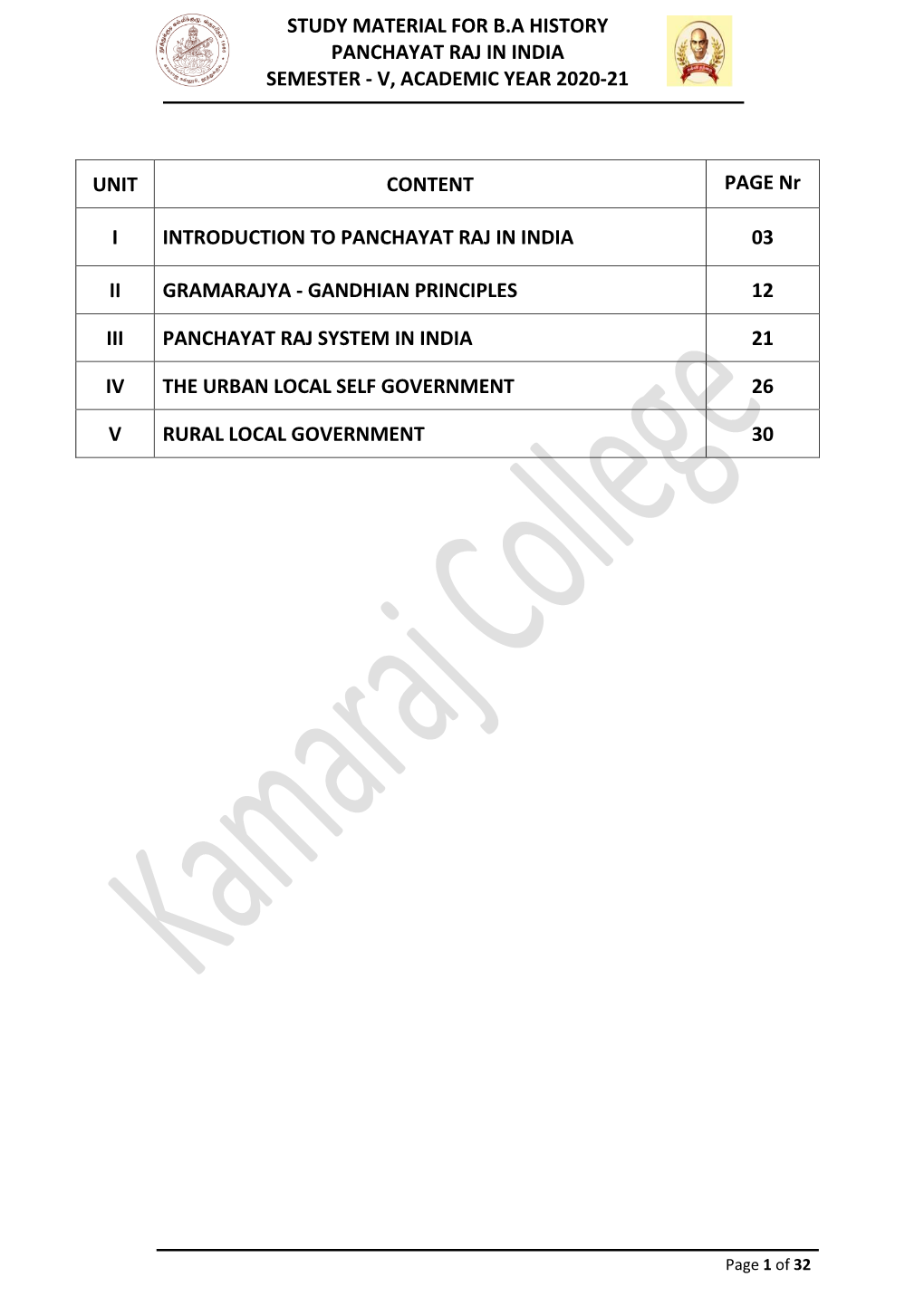 Study Material for Ba History Panchayat Raj in India Semester