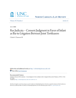 Res Judicata -- Consent Judgment in Favor of Infant As Bar to Litigation Between Joint Tortfeasors Charles E