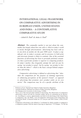 International Legal Framework on Comparative Advertising in European Union, United States and India – a Contemplative Comparative Study