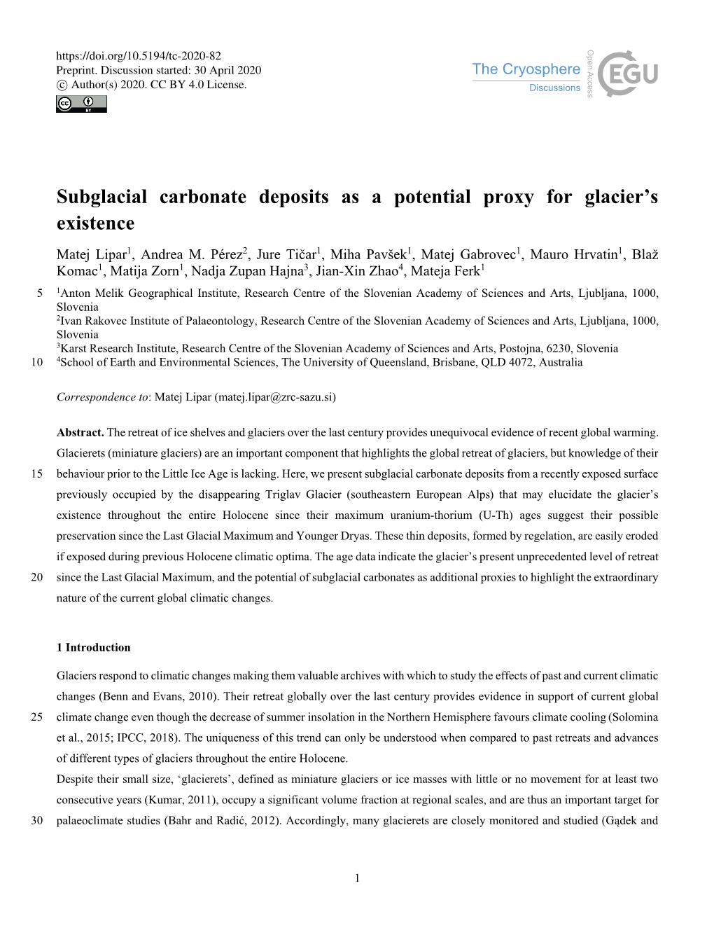 Subglacial Carbonate Deposits As a Potential Proxy for Glacier's Existence