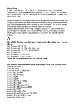 Listed Cars If You Do Not See Your Car in the Soundracer Listed Cars Don