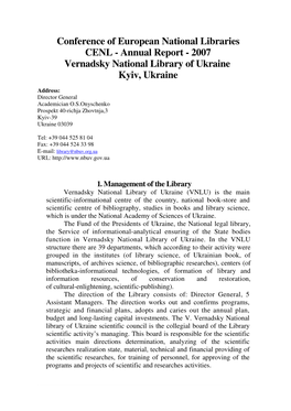 Annual Report - 2007 Vernadsky National Library of Ukraine Kyiv, Ukraine
