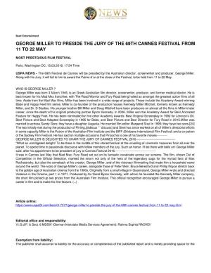 George Miller to Preside the Jury of the 69Th Cannes Festival from 11 to 22 May