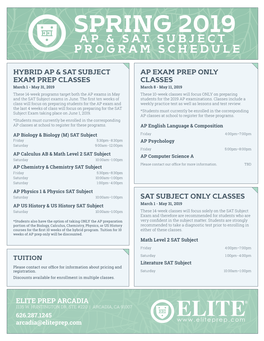 Spring 2019 Ap & Sat Subject Program Schedule Elite Prep Arcadia