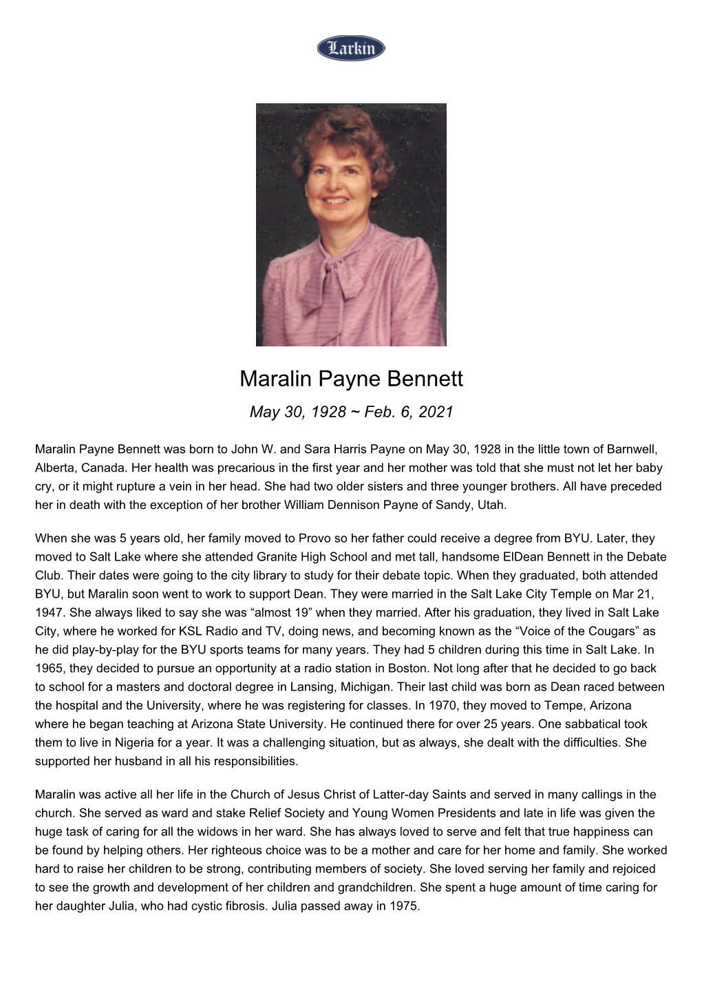 Maralin Payne Bennett May 30, 1928 ~ Feb