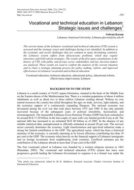 Vocational and Technical Education in Lebanon: Strategic Issues and Challenges1 Gebran Karam Lebanese American University, Lebanon Gkaram@Lau.Edu.Lb