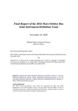 Final Report of the 2016 Mars Orbiter Bus Joint Instrument Definition Team
