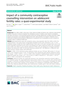Impact of a Community Contraceptive Counselling Intervention on Adolescent Fertility Rates: a Quasi-Experimental Study Elia Diez1,2,3,4* , Maria J