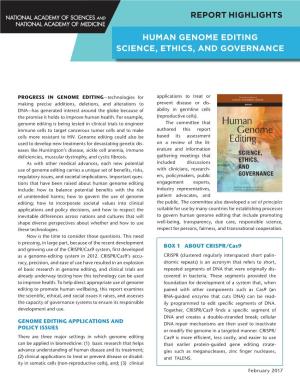 Human Genome Editing Science, Ethics, and Governance Report Highlights