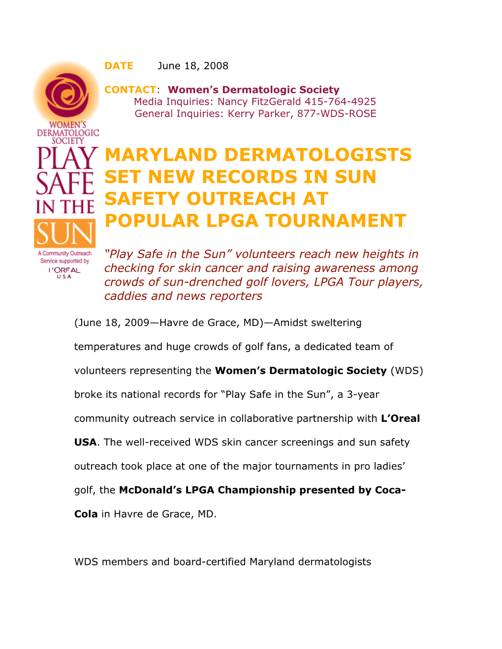 Maryland Dermatologists Set New Records in Sun Safety Outreach at Popular Lpga Tournament