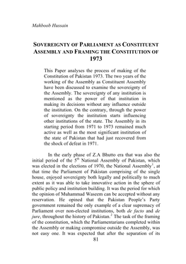 Sovereignty of Parliament As Constituent Assembly and Framing the Constitution of 1973