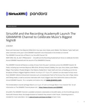 Siriusxm and the Recording Academy® Launch the GRAMMY® Channel to Celebrate Music's Biggest Night®