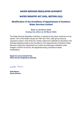 Modification of the Conditions of Appointment of Southern Water Services Limited